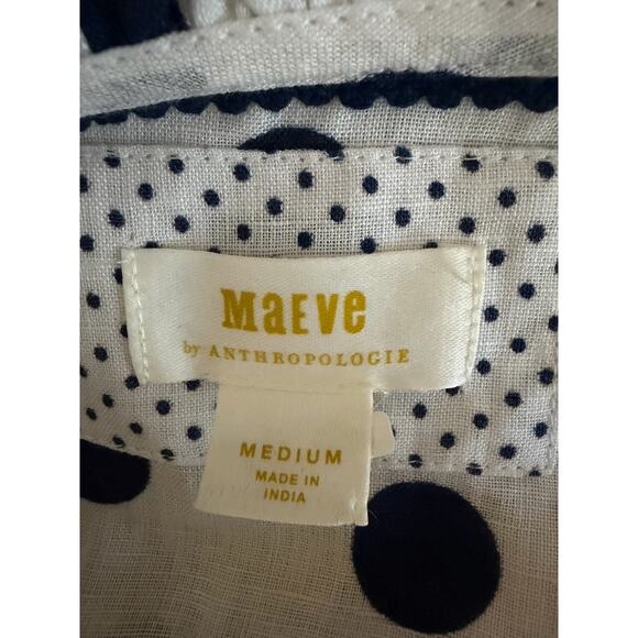 Maeve Anthropologie Linen Shirt Medium Blue Polka Dot Relaxed Button Dow Career - Picture 8 of 13